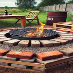 A rustic DIY backyard BBQ pit built with old bricks, surrounded by repurposed furniture like pallets and barrels, in a country-style setting.