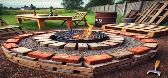 A rustic DIY backyard BBQ pit built with old bricks, surrounded by repurposed furniture like pallets and barrels, in a country-style setting.
