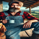 A rugged middle-aged country man in denim overalls and a flannel shirt, standing on a sunny farm porch with a relaxed smile and a faithful hound dog at his feet.