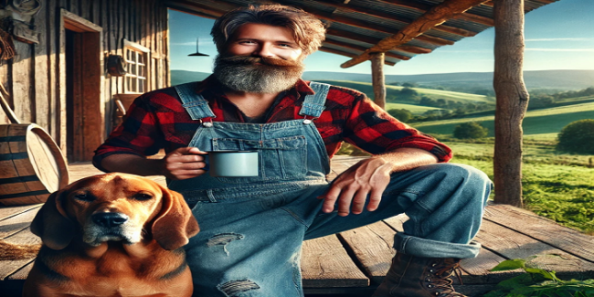A rugged middle-aged country man in denim overalls and a flannel shirt, standing on a sunny farm porch with a relaxed smile and a faithful hound dog at his feet.
