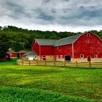 A vibrant red barn with weathered wooden fence bordering a lush green field under a dramatic cloudy sky, evoking rustic homestead charm.