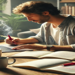A young man busy writing a childrens story