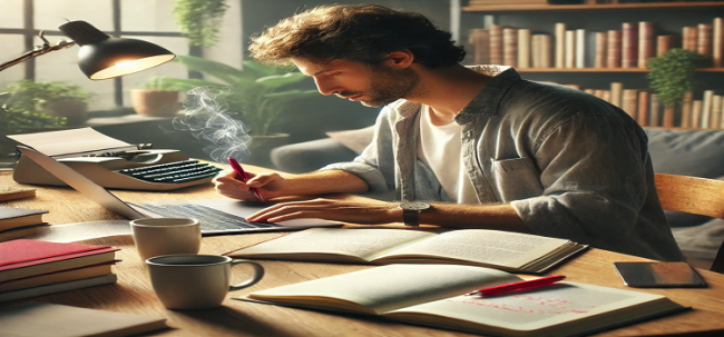 A young man busy writing a childrens story