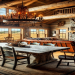 A cozy country cabin interior featuring rustic furniture including a reclaimed wood table, vintage chairs, and a stone fireplace with a deer mount, evoking the classic redneck Americana style.