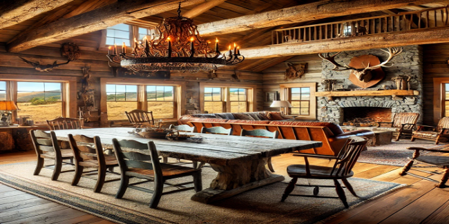 A cozy country cabin interior featuring rustic furniture including a reclaimed wood table, vintage chairs, and a stone fireplace with a deer mount, evoking the classic redneck Americana style.