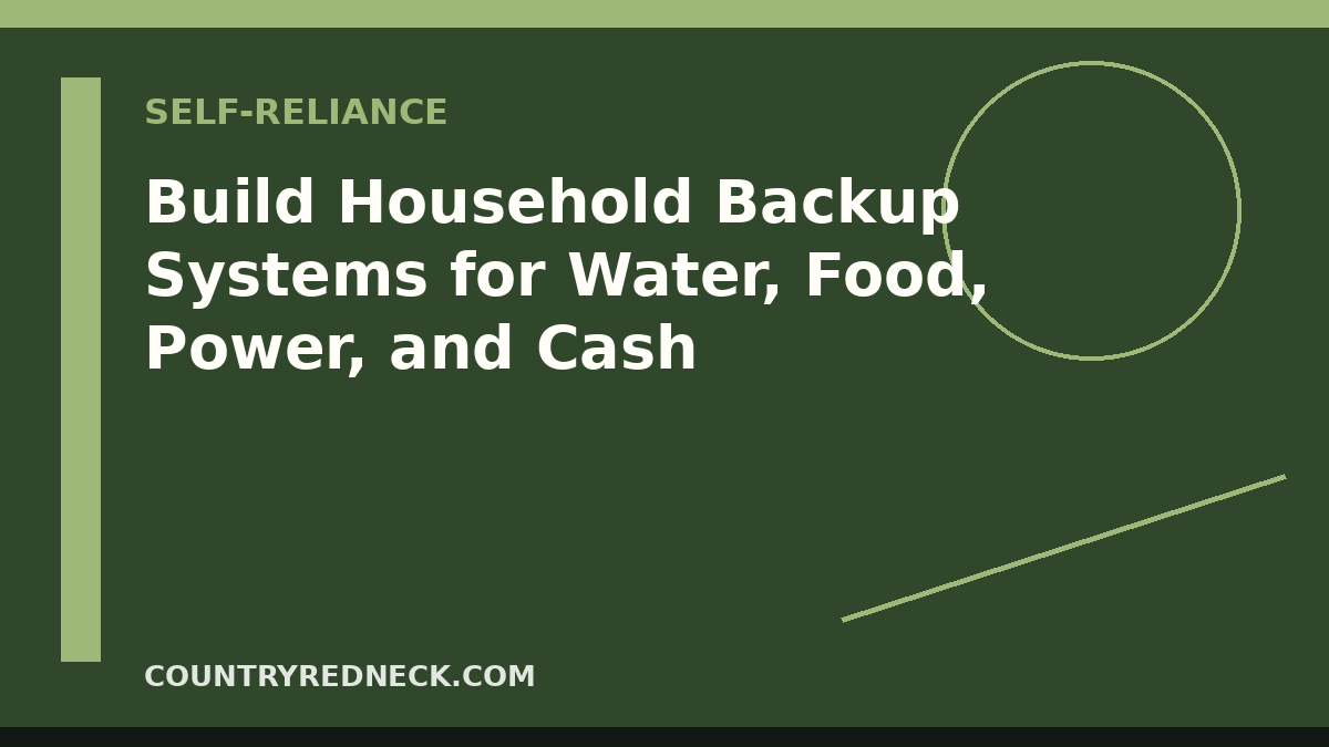 CountryRedneck household backup systems guide with water, pantry food, flashlight, power bank, cash, and records.