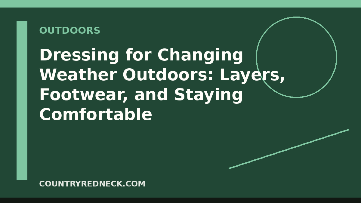 CountryRedneck outdoor layering guide with base layer, fleece, rain shell, hiking boots, socks, hat, and changing weather background.